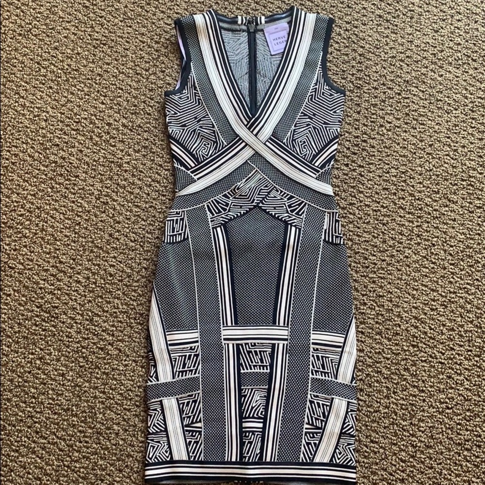 Herve Leger Black and Beige Geometric Dress XXS